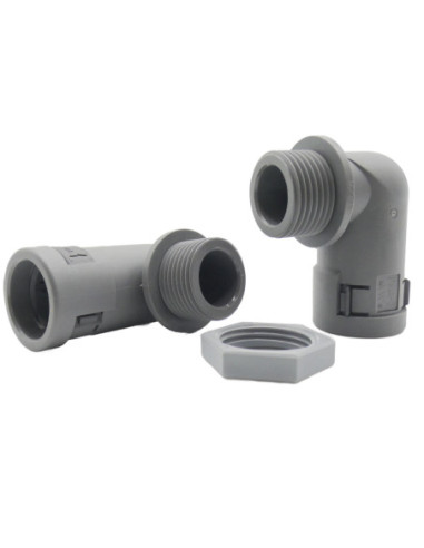 16mm NYLON CONDUIT 90° ELBOW FITTING M20 THREAD GREY IP66